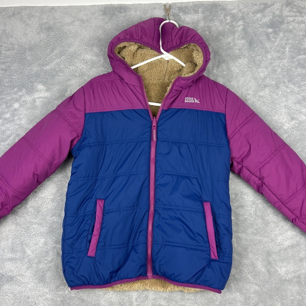 Eddie Bauer Reversible‎ Hooded Puffer Coat Jacket Blue Purple Kids Large 14-16